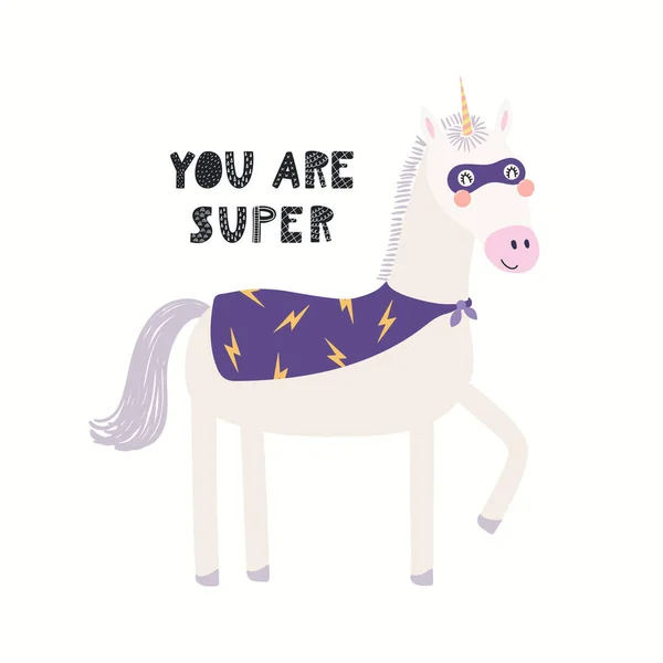 Lindo Superhéroe Unicornio Divertido Máscara Con Capa Cita Estás Súper — Vector de stock