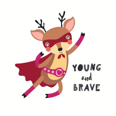 Maskeli sevimli komik geyik süper kahraman, uçuyor, alıntı yapıyorum.