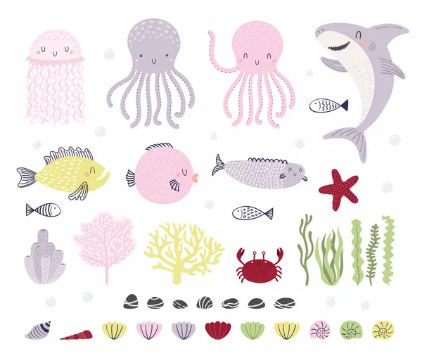 Animaux sous-marins mignons, poissons, plantes cliparts ensemble, isolé sur blanc — Image vectorielle