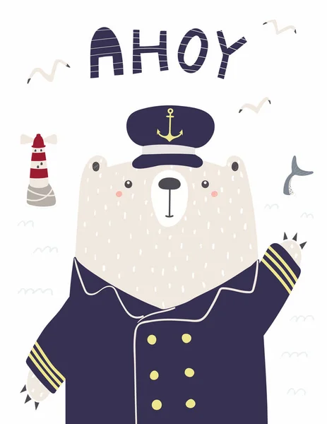Cute funny bear sailor, captain, lighthouse, gulls, shark tail, text Ahoy — Stock Vector