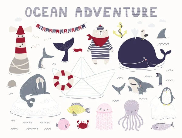 Mar, oceano clipart set, urso marinheiro, navio, tubarão —  Vetores de Stock