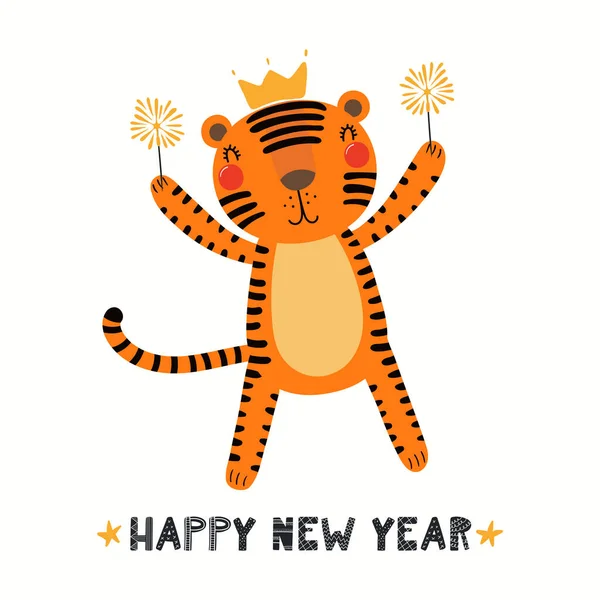 Roztomilý Legrační Kreslený Tygr Koruně Jiskry Citovat Šťastný Nový Rok — Stockový vektor