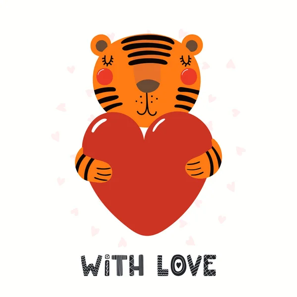 Симпатичный Смешной Тигр Держит Сердце Цитирует Любовью Изолированной Белом Фоне — стоковый вектор
