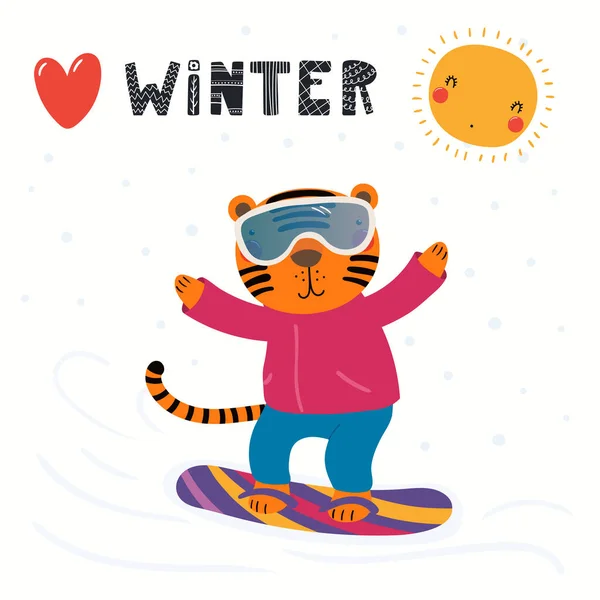 Aranyos vicces tigris télen, snowboard, elszigetelt — Stock Vector