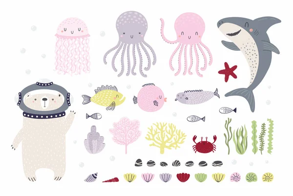 Mignon poisson sous-marin, ours plongeur clipart ensemble — Image vectorielle