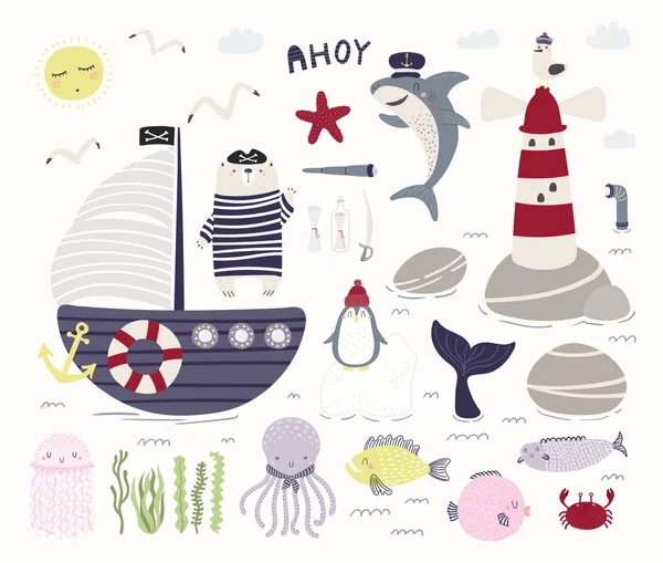 Ocean clipart set, bear pirate, ship, lighthouse — Stock Vector