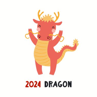 Tatlı çizgi film ejderhası, Asya burcu, astrolojik sembol, beyaz arka planda izole edilmiş. El çizimi vektör çizimi. Düz stil tasarım. 2024 Çin Yeni Yıl kartı 