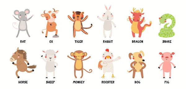 Dwanaście Zwierząt Chińskiego Zodiaku Słodkie Kreskówki Azjatyckie Znaki Astrologiczne Kolekcji — Wektor stockowy