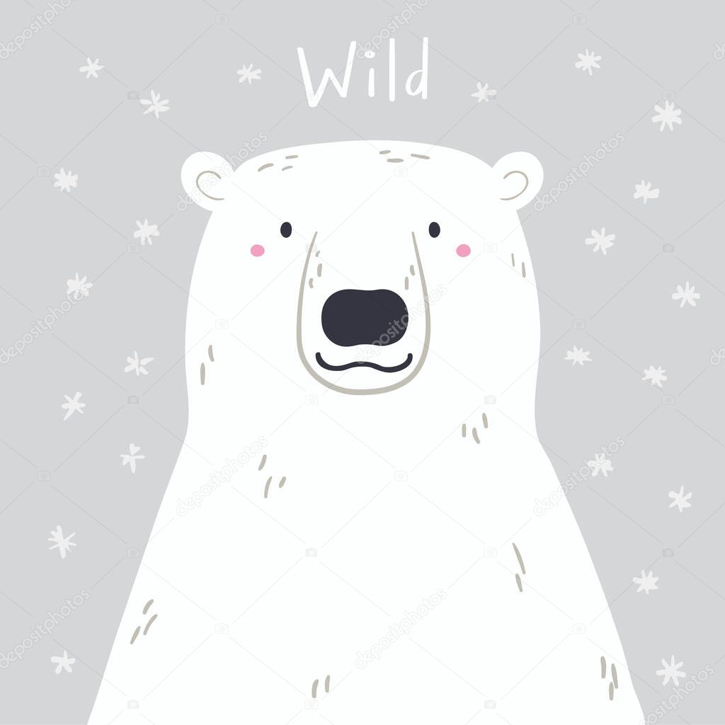 Hand drawn vector illustration of cute cartoon polar bear with snow and quote Wild . Hand drawn vector illustration. Winter animal character. Arctic wildlife. Design concept for kids fashion print