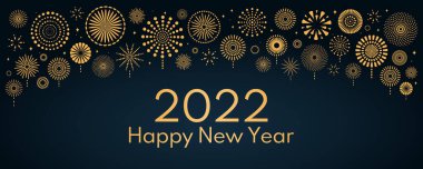 Altın gibi parlak havai fişekler 2022. Karanlık arka planda yeni yılınız kutlu olsun. Düz stil vektör çizimi. Soyut geometrik tasarım. Bayram tebrik kartı kavramı 