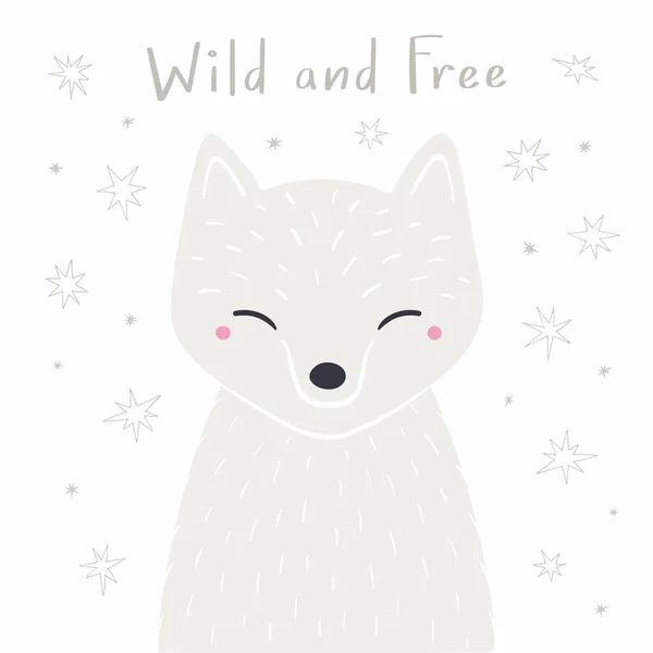 Cute Cartoon Arctic Fox Com Estrelas Citar Selvagem Livre Ilustração —  Vetores de Stock