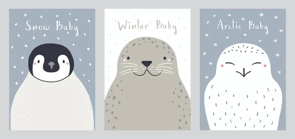 Söta djur set, pingvin, säl, snöig uggla. — Stock vektor