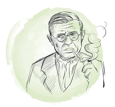 Jean Paul Sartre 'ın el çizimi portresi. skeç biçimi vektörü 