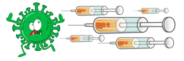 Stříkačka Vakcínou Pronásleduje Koronavirus Kreslený Klip — Stockový vektor
