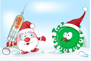 Noel Baba maskotu Corona virüsü covid-19 'a karşı Noel arkaplanda savaşıyor.
