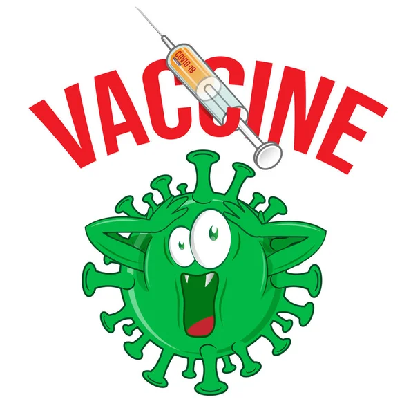 Caricatura Del Coronavirus Covid19 Con Inyección Jeringa Vacuna Ilustración Vetcor — Vector de stock