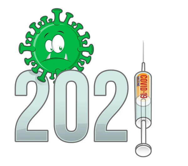 Dibujos Animados Del Virus Corona Covid Con Vacuna Año Nuevo — Vector de stock