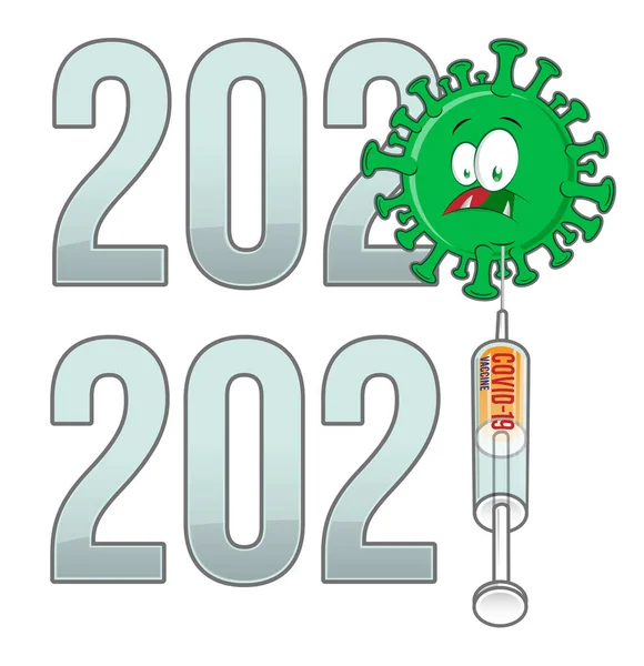 2020 2021 Años Texto Con Dibujos Animados Vacuna Covid Aislados — Vector de stock