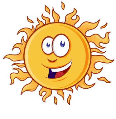 Mutlu çizgi film sarı güneş karakteri beyaz sahilde izole bir şekilde gülümsüyor.