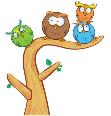 komik baykuş grup karikatür ağaç üzerinde 