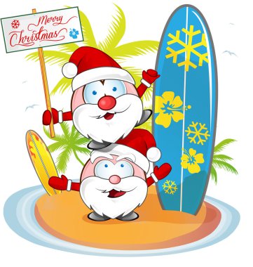  ada beach arka plan üzerinde Noel Baba çizgi film