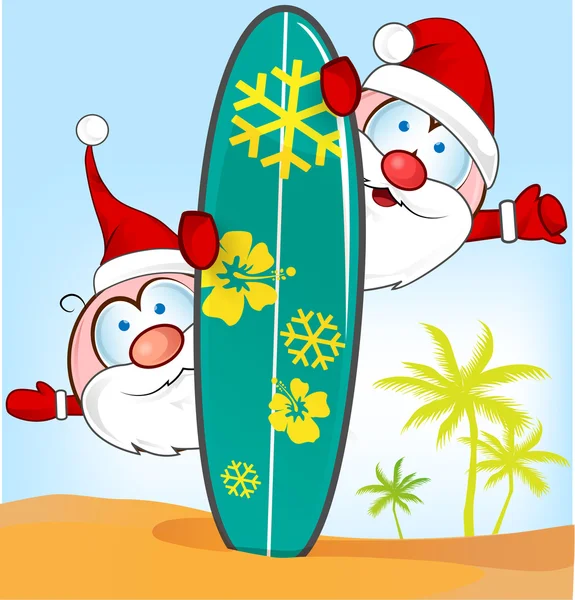 Weihnachtsmann-Cartoon mit Surfbrett auf Sommer-Hintergrund — Stockvektor