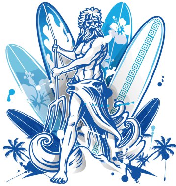 Poseidon surfer sörf tahtası arka plan üzerinde