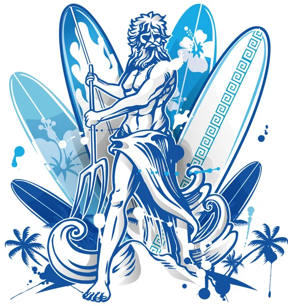 Poseidon surfer on surfboard background — Stock Vector