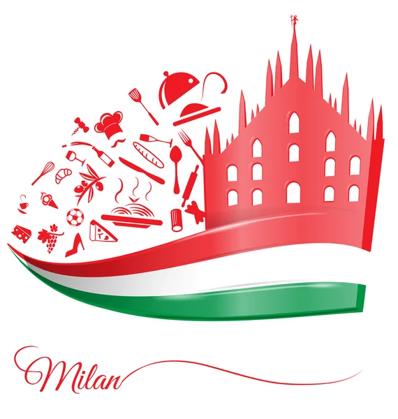 Cathédrale milan avec élément alimentaire sur le drapeau italien — Image vectorielle