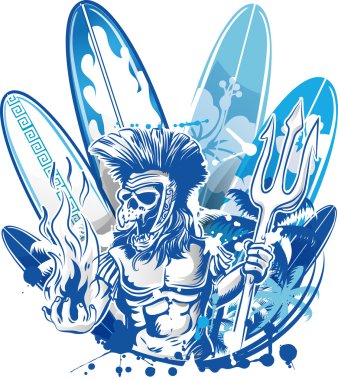 Poseidon ölüm surfer sörf tahtası arka plan üzerinde