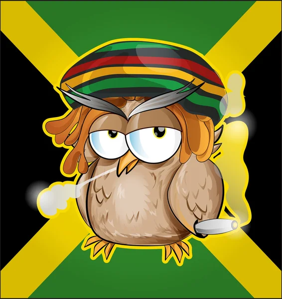 Caricatura de búho rastafari en bandera jamaicana — Vector de stock