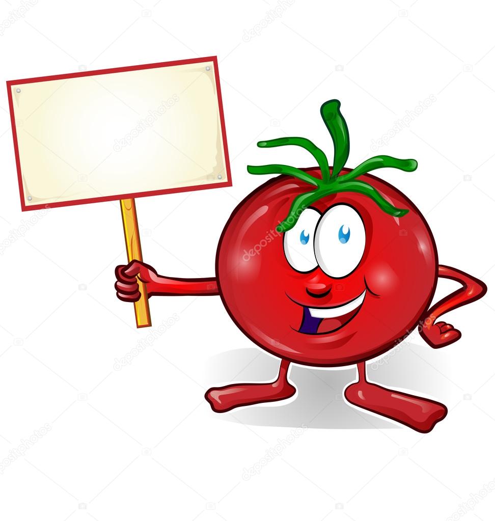 fun tomato cartoon with signboard isolated on white background