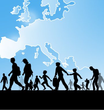 immigration people on europe map background clipart
