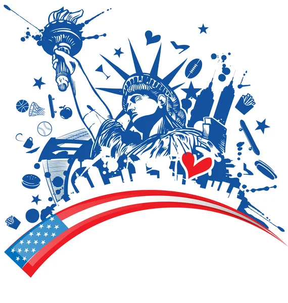 Statue of liberty with icon set on flag Royalty Free Stock Illustrations