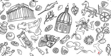 Yatay vektör pankartı, Sicilya teması, siyah ve beyaz karalama biçimi