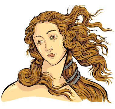 Botticelli 'nin ünlü tablosu Venüs' ün Doğuşu 'ndan esinlenen bir kadının el çizimi portresi. vektör illüstrasyonu