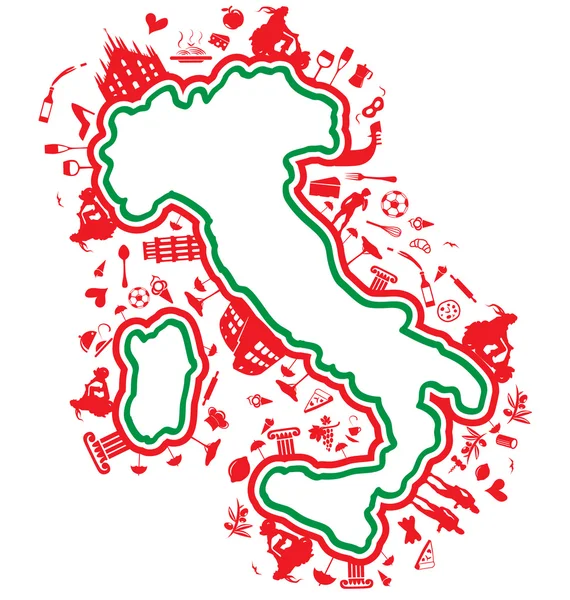 Carte italienne avec ensemble de symboles silhouette — Image vectorielle