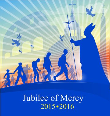 jubilee of marcy with pope on rome background clipart