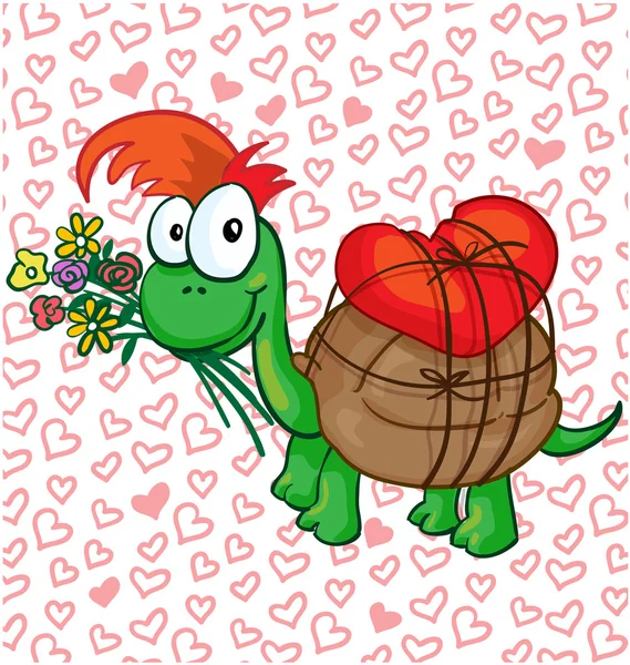 Vector illustration of a in love cartoon turtle — Stock Vector