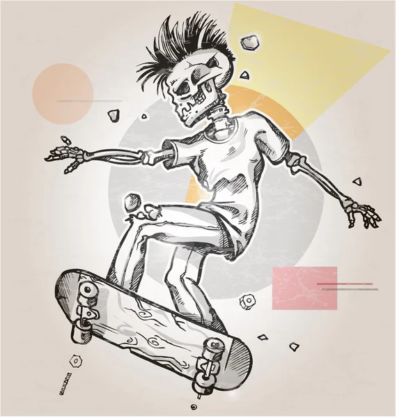 Skater esqueleto sobre fondo retro abstracto — Vector de stock