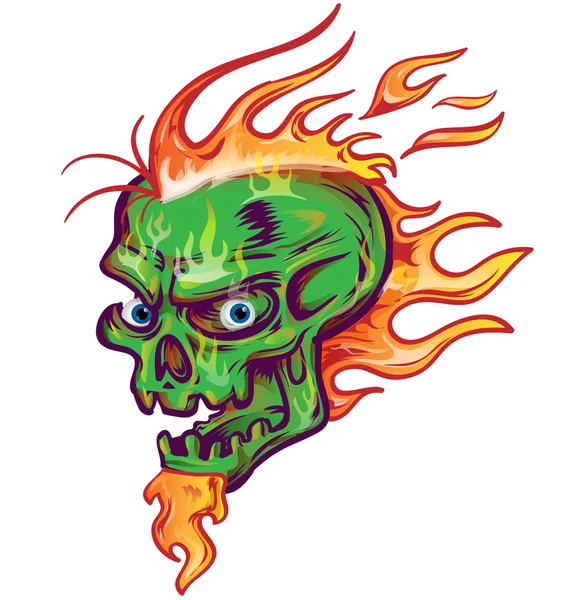 Green skull sketch design on white  background with flame — Stock Vector