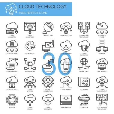 Bulut teknoloji, ince çizgi Icons set