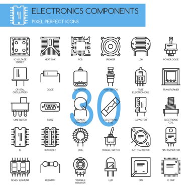 Elektronik bileşenleri, ince çizgi Icons set