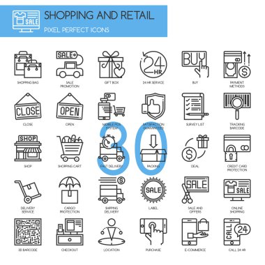 Alışveriş ve perakende, ince çizgi Icons set