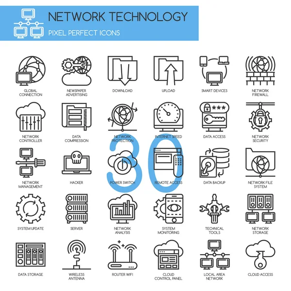 Tecnologia di rete, set icone a linea sottile — Vettoriale Stock