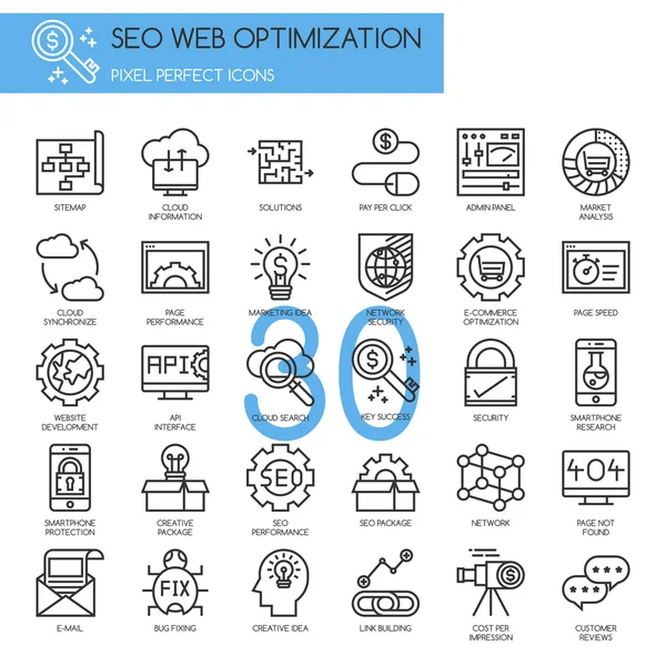 Search engine optimization, conjunto de ícones de linha fina — Vetor de Stock