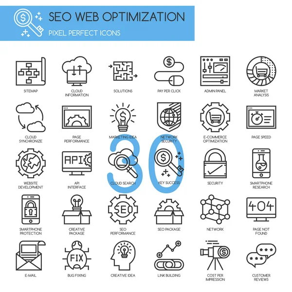 Optimización de motores de búsqueda, conjunto de iconos de línea delgada — Archivo Imágenes Vectoriales