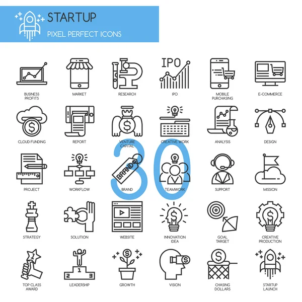 Negócio de inicialização e lançamento, conjunto de ícones de linha fina — Vetor de Stock