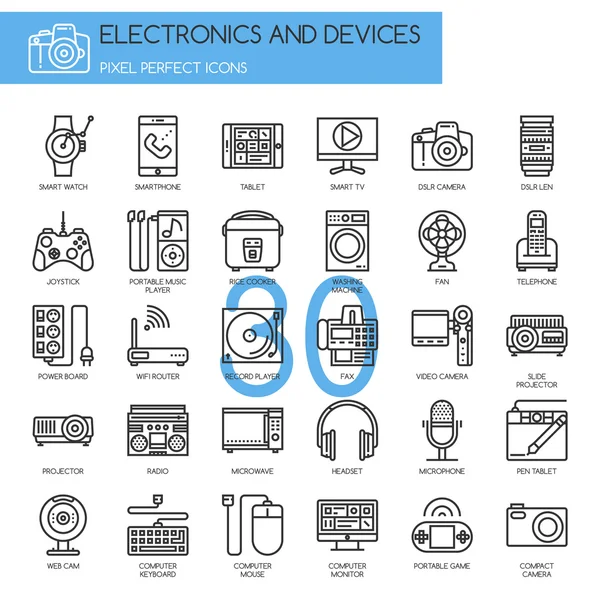 Elektronische en apparaten, dunne lijn pictogrammen instellen — Stockvector