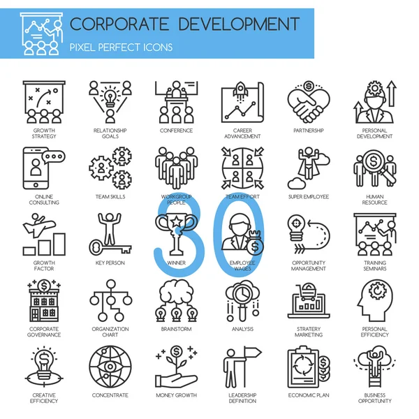 Desarrollo corporativo, conjunto de iconos de línea delgada — Vector de stock